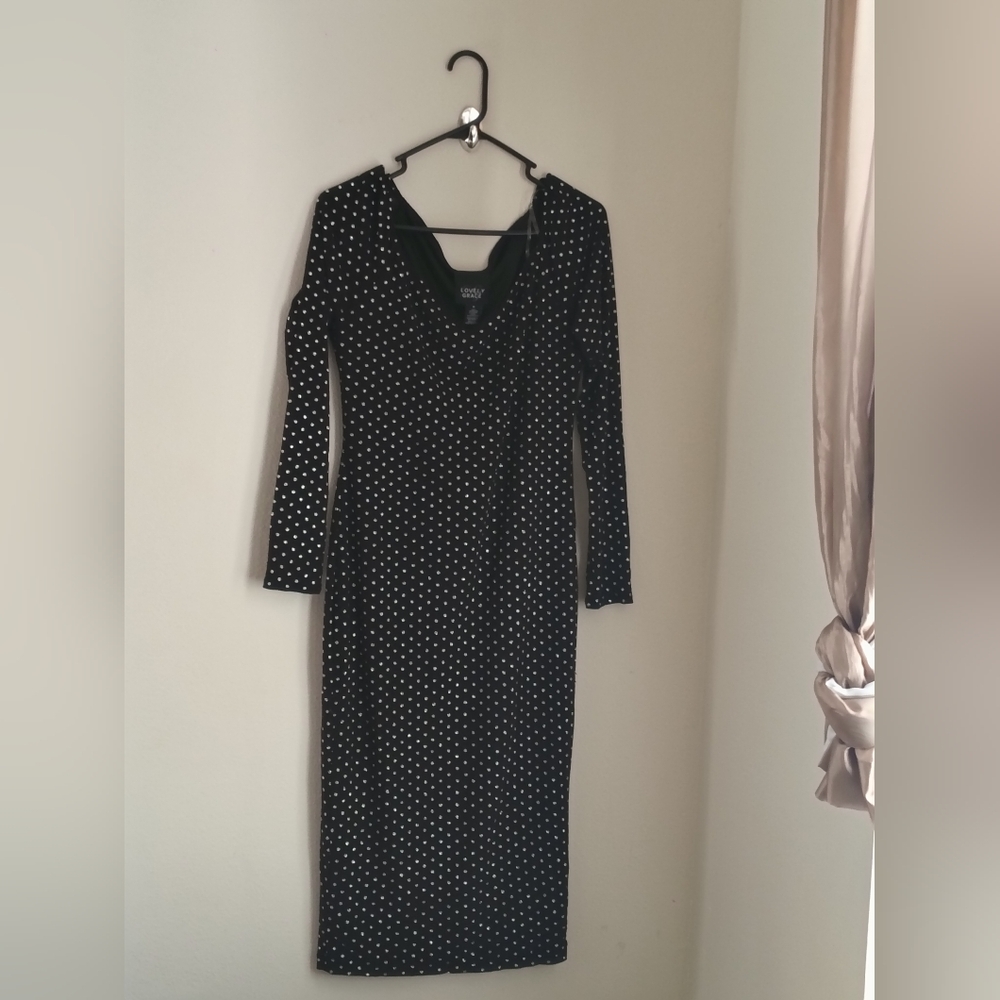 Lovely Grace Dress Women Medium Black and Silver V-Neck Sheath Elegant Party Y2K